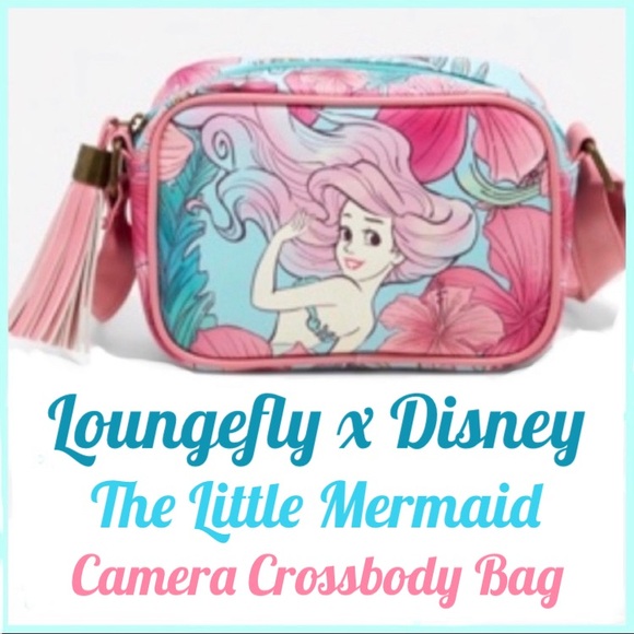 LOUNGEFLY DISNEY THE LITTLE MERMAID Camera CROSSBODY BAG! Ariel Cute Pink Tassel - Picture 1 of 7